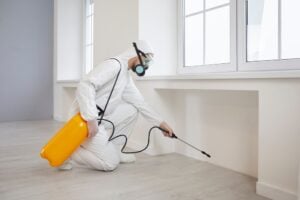 Holly Springs Pest Control Professional is spraying insecticide to prevent mosquito infestation.